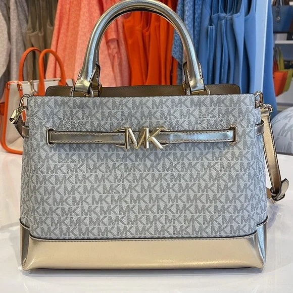 MICHAEL KORS 
Reed Large CZ Graphic Logo Belted Satchel
Vanilla /Pale Gold 
NWT - Picture 14 of 16